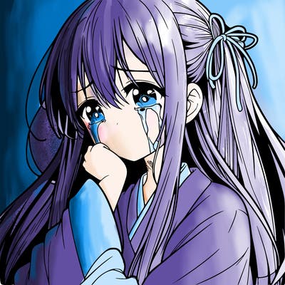a anime girl crying with long hair and bangs