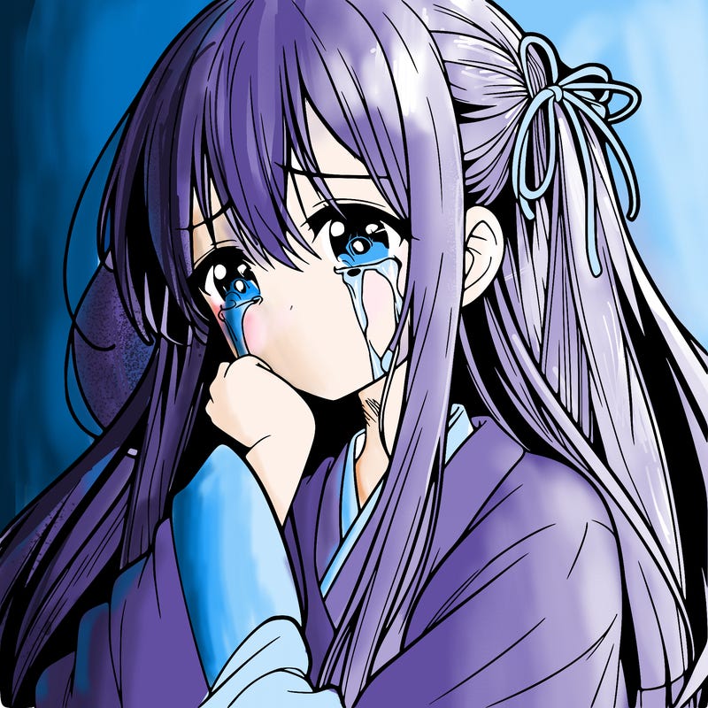 a anime girl crying with long hair and bangs