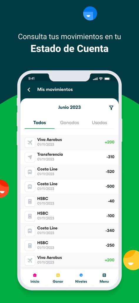 Doters App - Pantalla de la aplicación Doters que muestra una lista de puntos ganados y usados de varios socios como Viva Aerobus y HSBC.