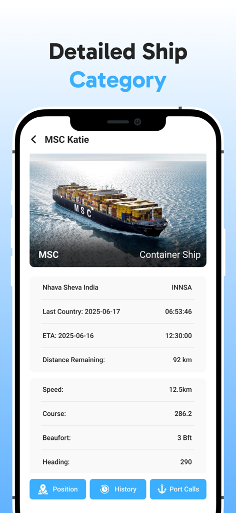 Vessel Tracker : Marine Raddar - Vessel Tracker app screen showing detailed technical data and ETA for a container ship