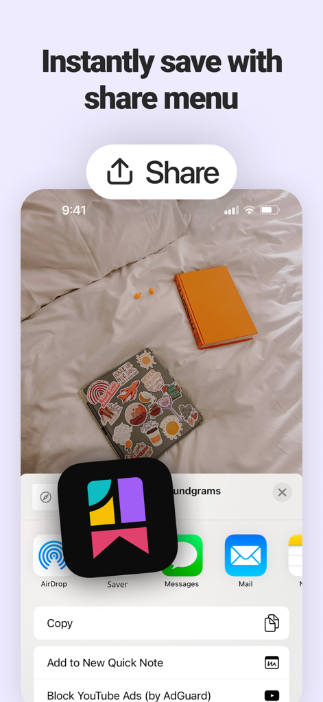 Bookmark manager - CentralSave - Interface showing how to save bookmarks instantly using the iOS share menu extension in CentralSave