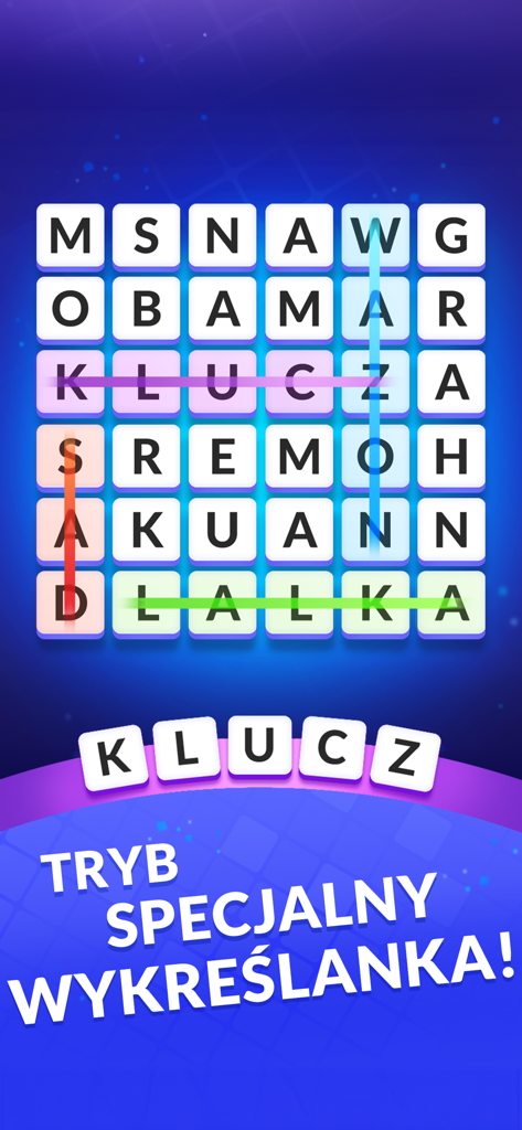 Słowo Mania mobile game screenshot showing the special word search puzzle mode in Polish