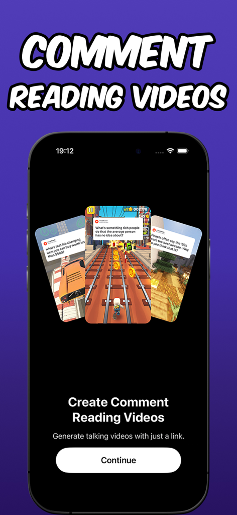 Faceless - AI Video Generator - A mobile app screen showing how to create viral comment reading videos with AI overlays and gameplay backgrounds