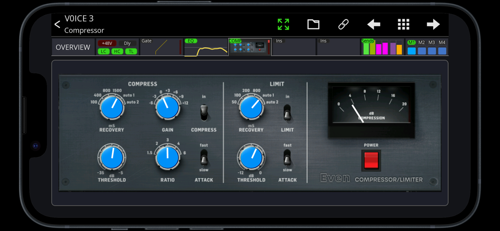 Digital audio compressor and limiter interface on the Mixing Station mobile app