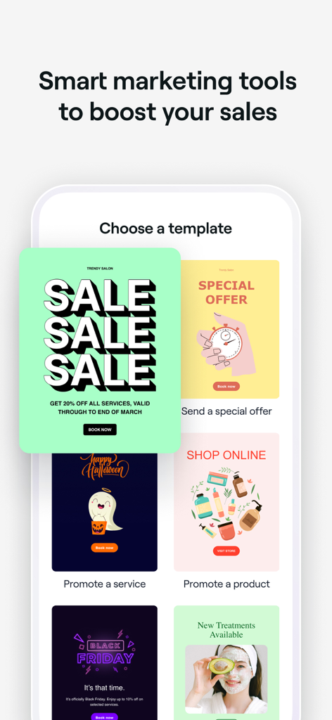 L'interface de l'application Fresha pour les entreprises montrant une variété de modèles de campagnes marketing personnalisables pour les salons et les spas.