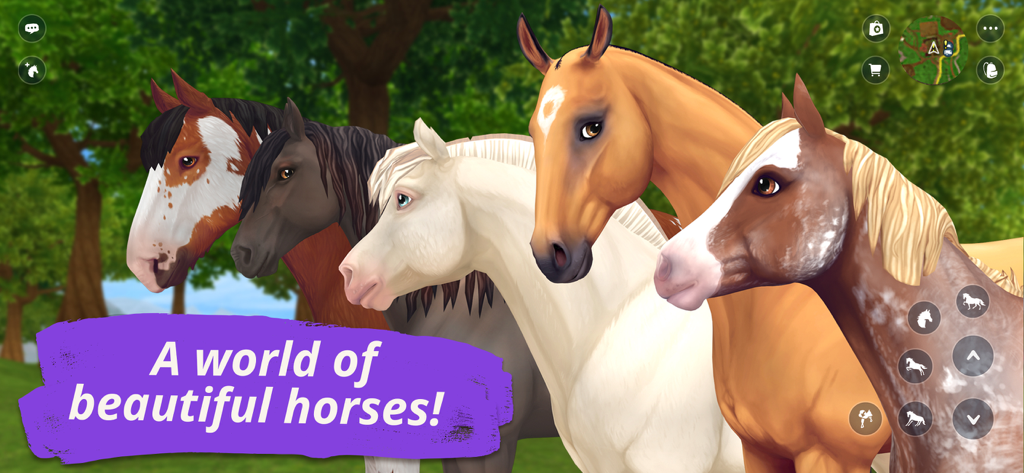 A variety of diverse horse breeds standing together in a forest in Star Stable Online