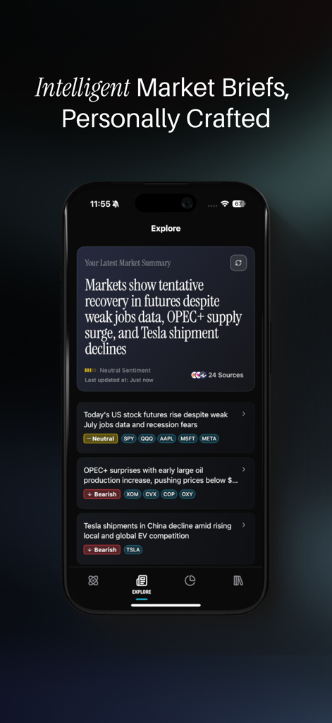 Barebone app explore screen showing AI-crafted market briefs and financial sentiment analysis