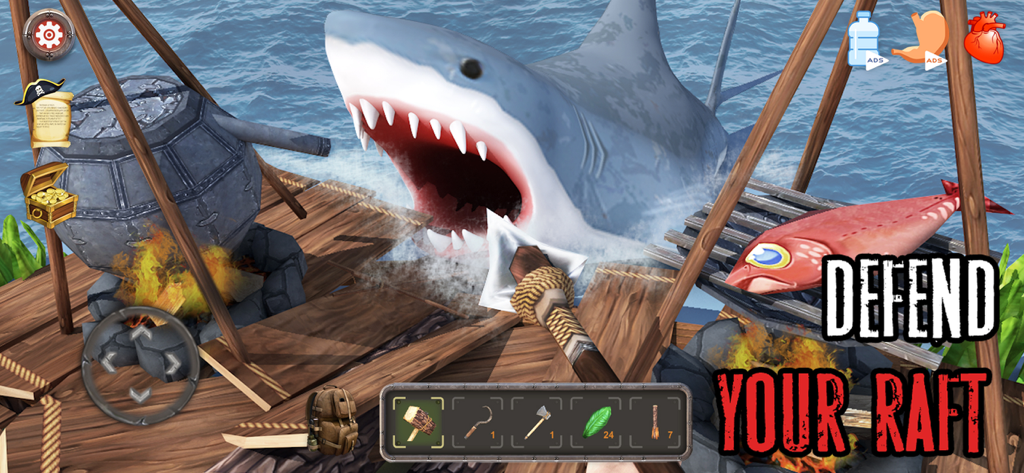 Shark Land: Desert Island - A player defending a wooden raft from a large shark attack in the Shark Land Desert Island mobile game