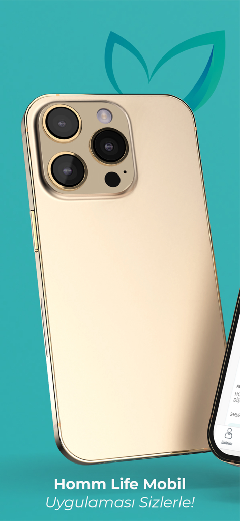 A gold smartphone display against a teal background with the Homm Life mobile app announcement and leaf logo.