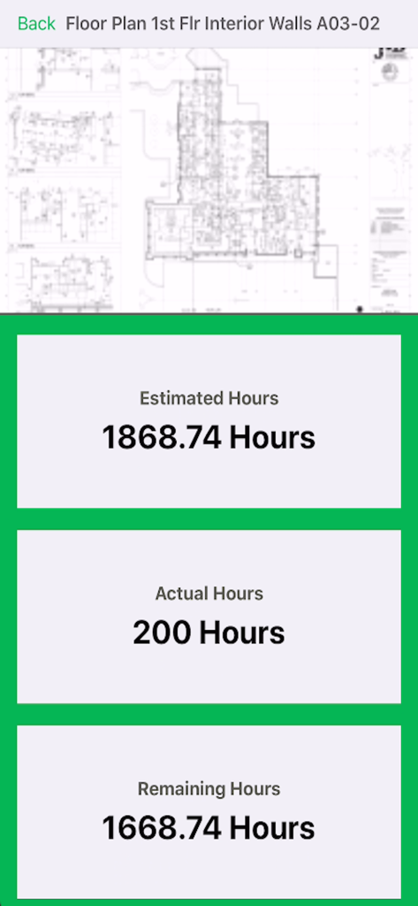 EDGE On Site - EDGE On Site app interface displaying estimated actual and remaining labor hours for a construction project floor plan