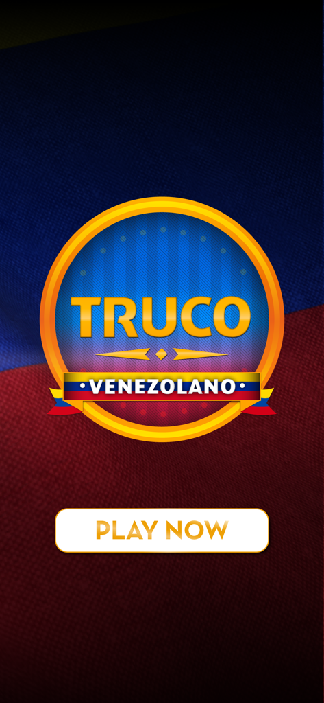 Truco Venezolano - Truco Venezolano card game app splash screen featuring the game logo and a play now button on a Venezuelan flag background