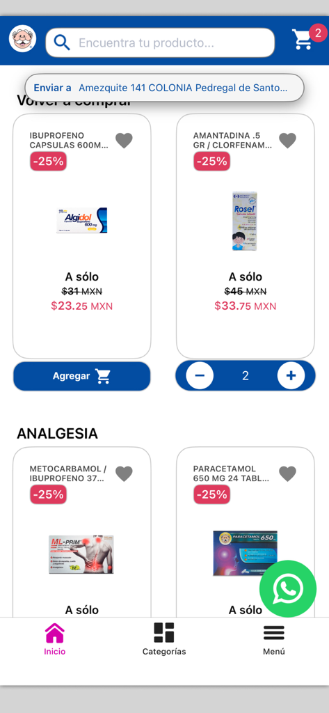 Mobile App-Oberfläche von Farmacias de Similares mit rabattierten Generika wie Ibuprofen und Paracetamol mit Preisschildern in mexikanischen Pesos.