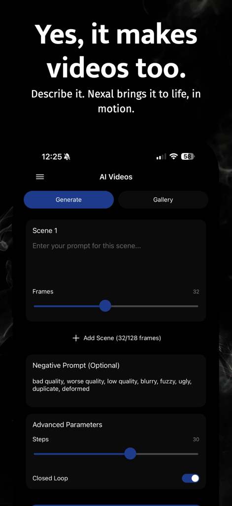 Nexal AI - AI Chat & Image - Nexal AI app interface showing advanced settings for AI video generation including scene prompts and frame controls.
