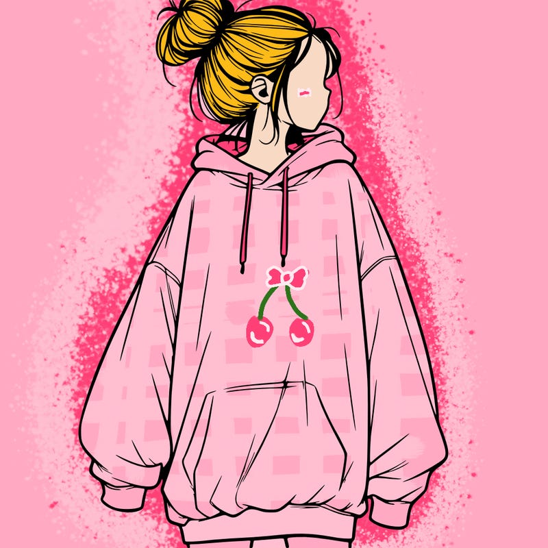 realistic girl with a oversized sweatshirt on and a bun