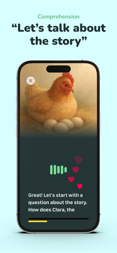 KOBI - Happy Reading - Oberfläche der Kobi-App, die eine KI-gestützte Funktion zum Leseverständnis mit einem interaktiven Sprachlehrer anzeigt