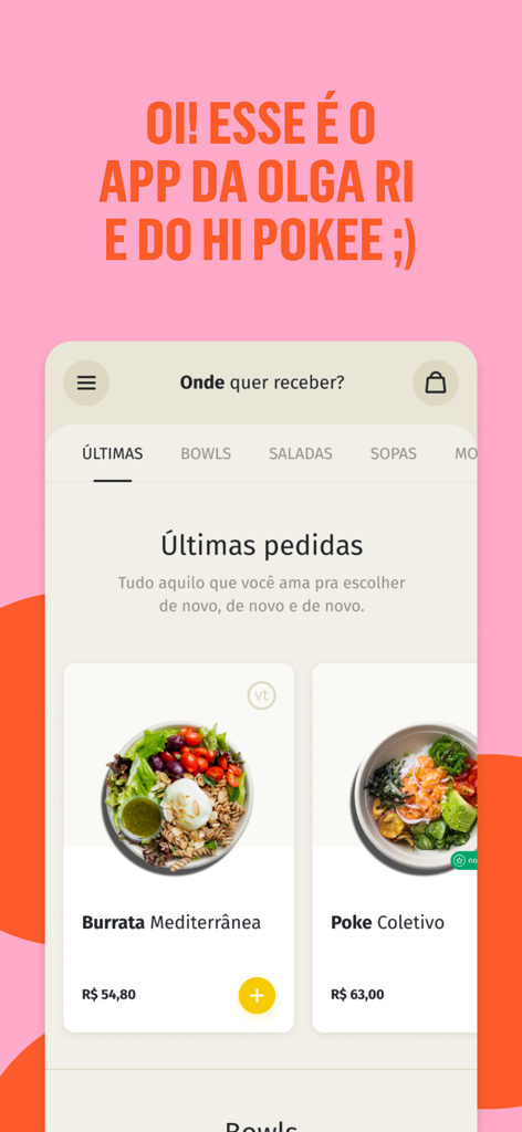 Olga Ri + Hi Pokee - Mobile app interface of Olga Ri and Hi Pokee showing a menu of healthy salad and poke bowls