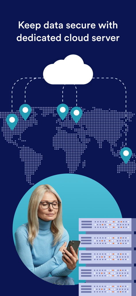 Jotform Enterprise Mobile - Una mujer profesional usando un teléfono inteligente con gráficos que ilustran el almacenamiento seguro de datos en servidores en la nube dedicados en un mapa global