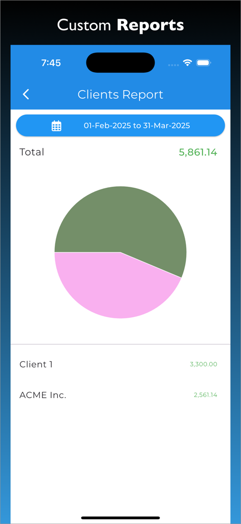 Mobile app screen displaying a financial clients report with a pie chart and total revenue for freelancers.