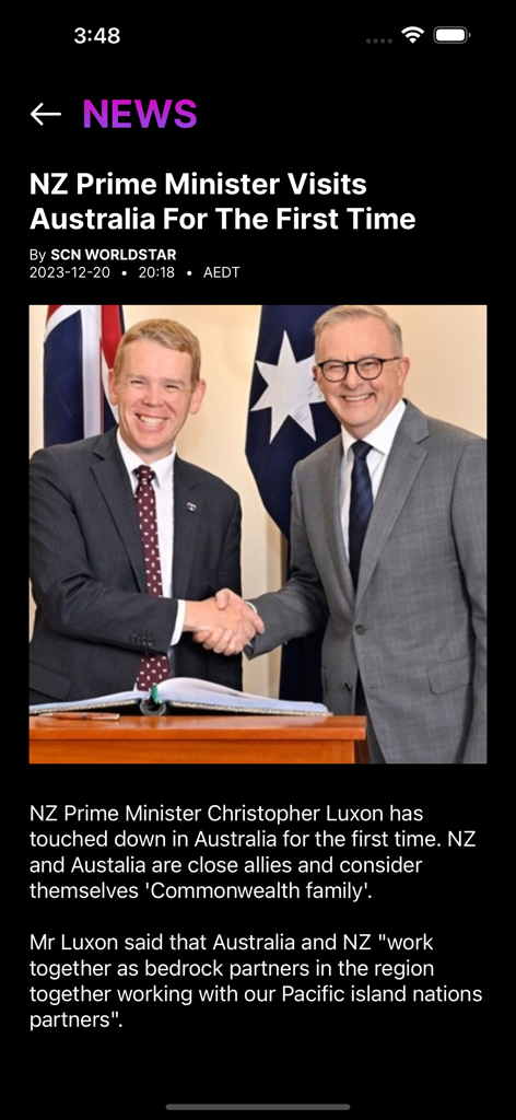 SCN WorldStar - SCN WorldStar news article about the New Zealand Prime Minister visiting Australia