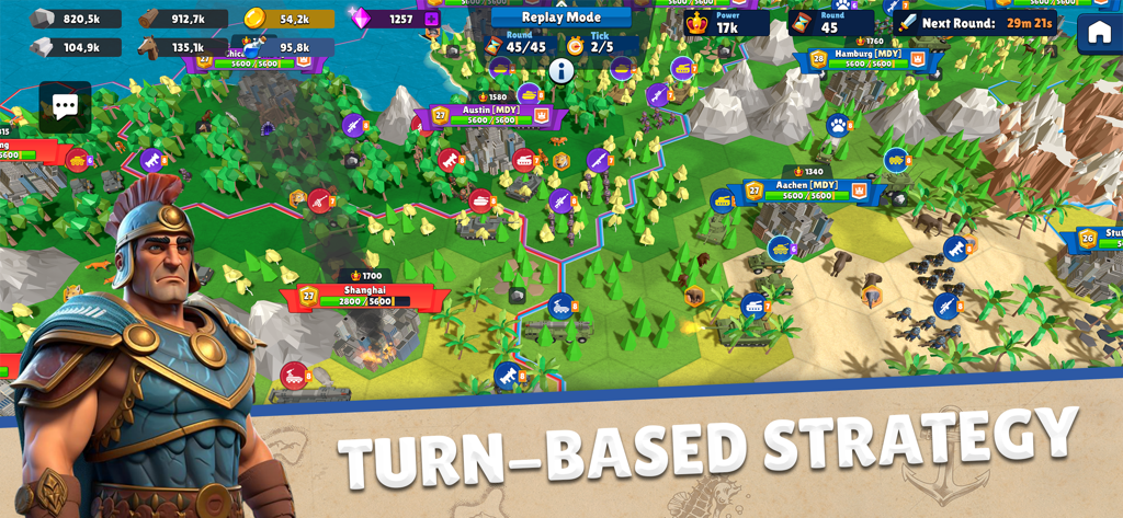 Domination Dynasty: Turn-Based - Una pantalla de juego de estrategia por turnos que muestra a un general romano frente a un mapa mundial hexagonal con ciudades y unidades militares