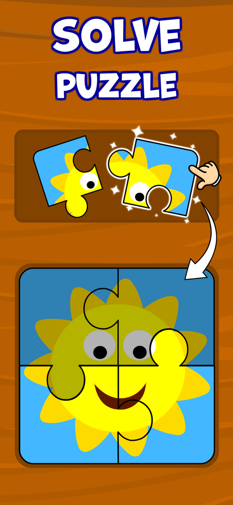 Schermata di gioco educativo per bambini che mostra un puzzle a tre pezzi con un sole, con una mano che trascina un pezzo al suo posto