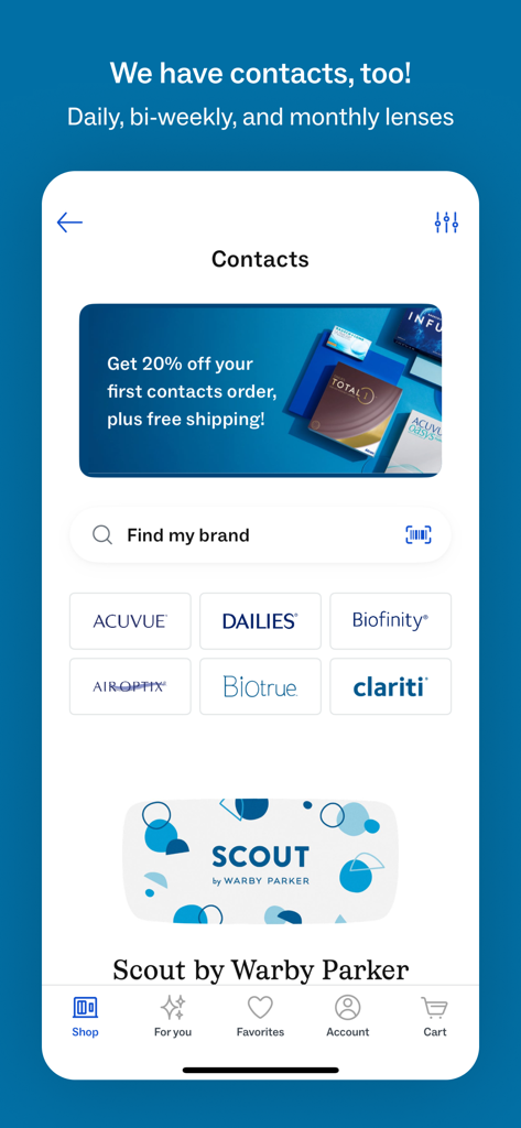 Warby Parker App-Oberfläche mit Kontaktlinsenmarken und einem Werbeangebot für Erstbestellungen