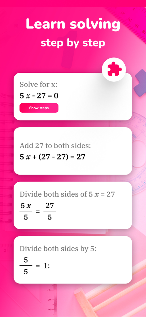 Math Solver: Solve by Camera - A mobile app interface showing a step-by-step algebraic solution for solving the equation 5x minus 27 equals 0.