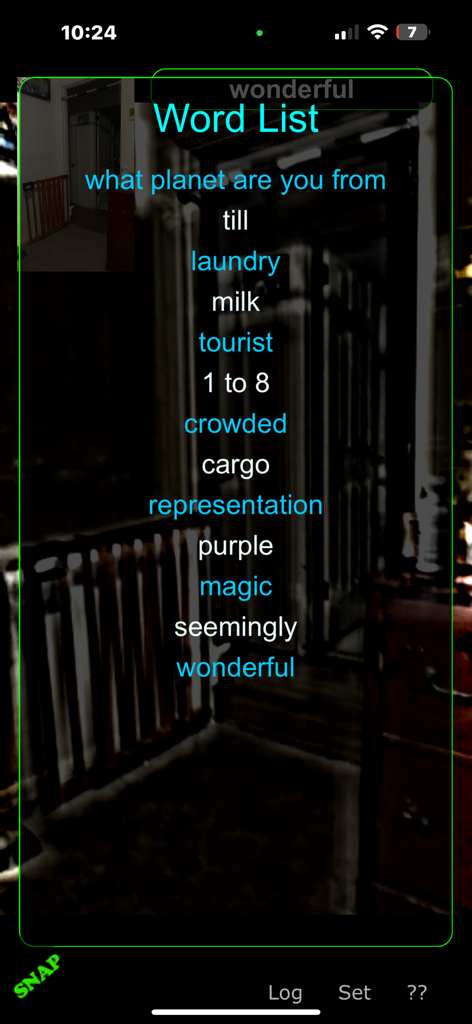 Ghost Camera by Pocket Future - Interface of the Ghost Camera app displaying a list of words generated from paranormal activity in a dark hallway.