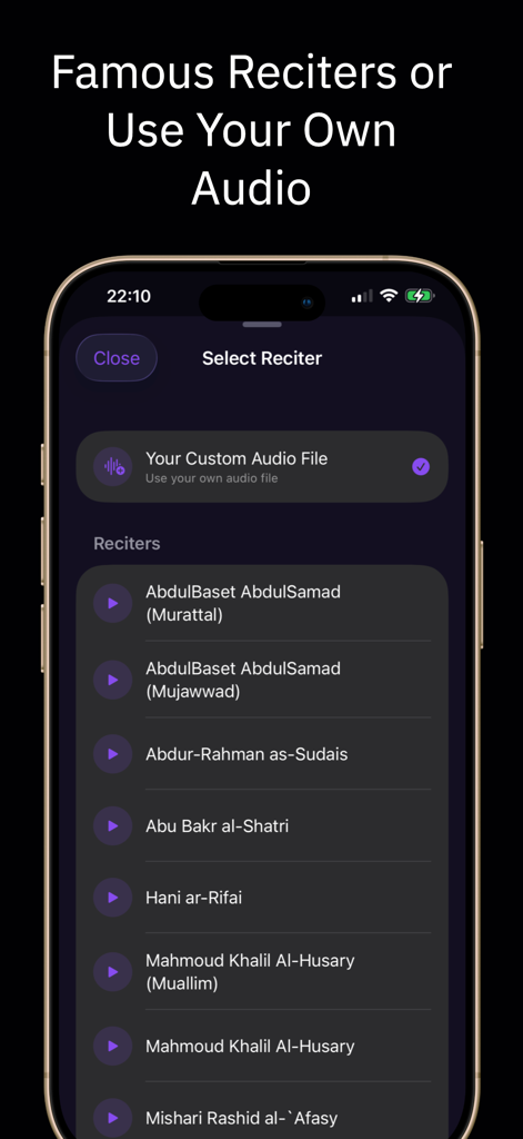 QuranStudio: Quran Clip Maker - Interface of QuranStudio app showing a list of famous Quran reciters and the option to use custom audio files