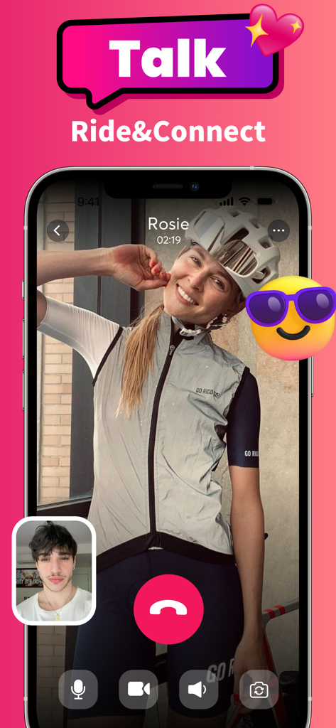 Peaclub：Connect & 1v1 Chat - A 1v1 video call interface in the Peaclub app featuring two cyclists connecting through live video.