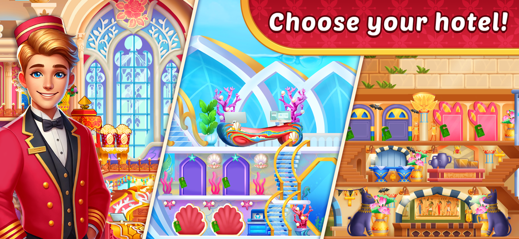 Un personaje conserje mostrando varias opciones de temas de hotel, incluidos estilos submarinos y egipcios