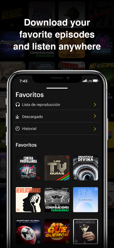Convoy Network Mobil-App zeigt den Favoriten-Bildschirm mit verschiedenen Podcast-Covern und Download-Optionen.