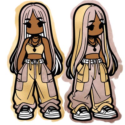 girl in baggy pants crop top and long hair