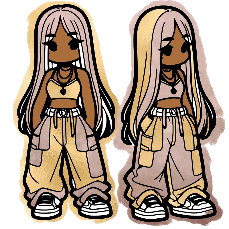 girl in baggy pants crop top and long hair