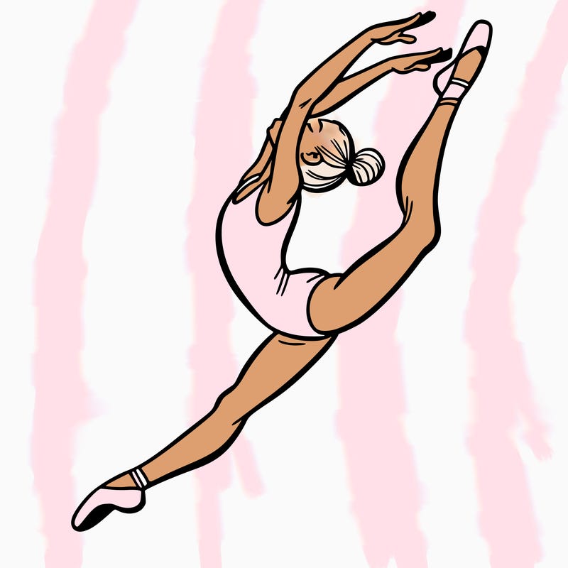 gymnast doing a leap in a leotard with a bent back leg