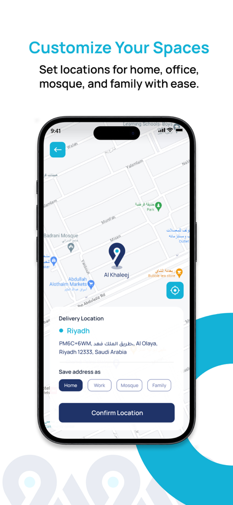 MoyaApp map interface showing delivery location settings for home, work, mosque, and family.