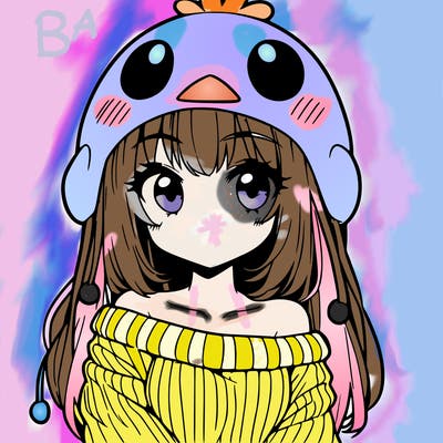 anime girl with chick shaped hat with sweater with bare shoulders with bangs covering them one eye with low tail