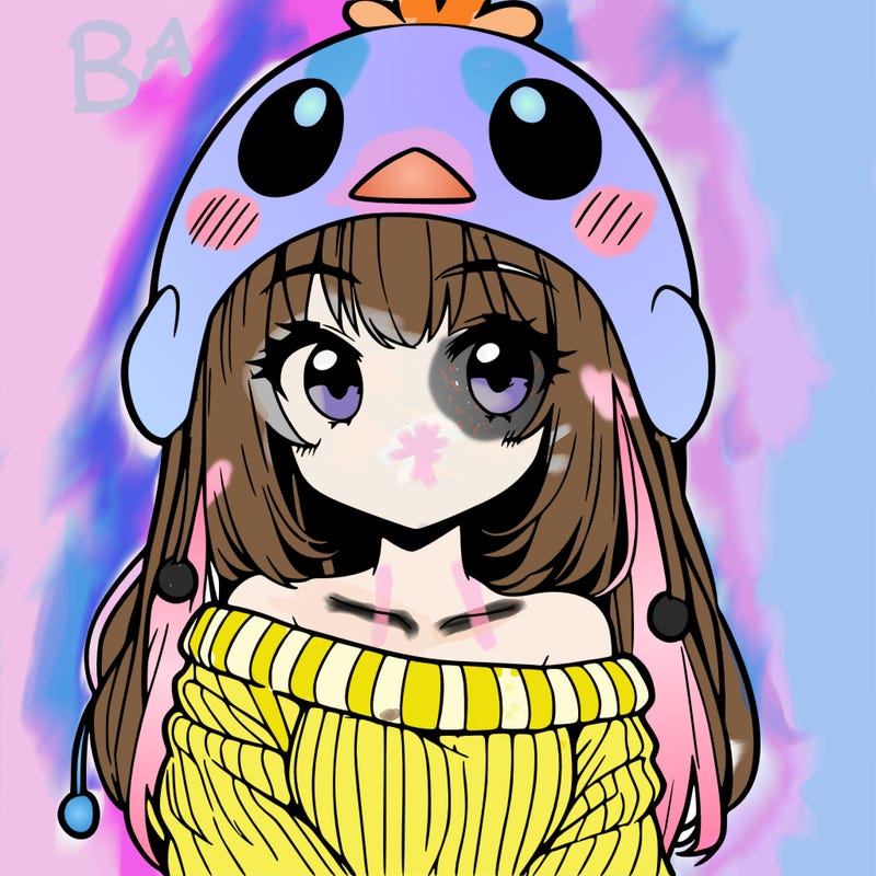anime girl with chick shaped hat with sweater with bare shoulders with bangs covering them one eye with low tail