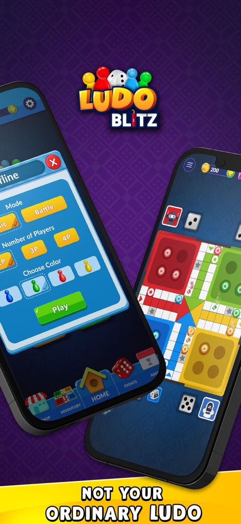 Ludo Blitz: Fun Dice Game - Two mobile phones displaying the Ludo Blitz game board and match setup menu