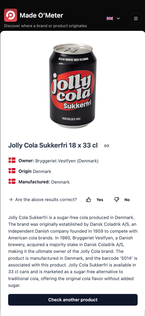 Made O'Meter - Captura de tela do aplicativo Made OMeter mostrando a origem do produto e os detalhes do proprietário da marca para uma bebida dinamarquesa