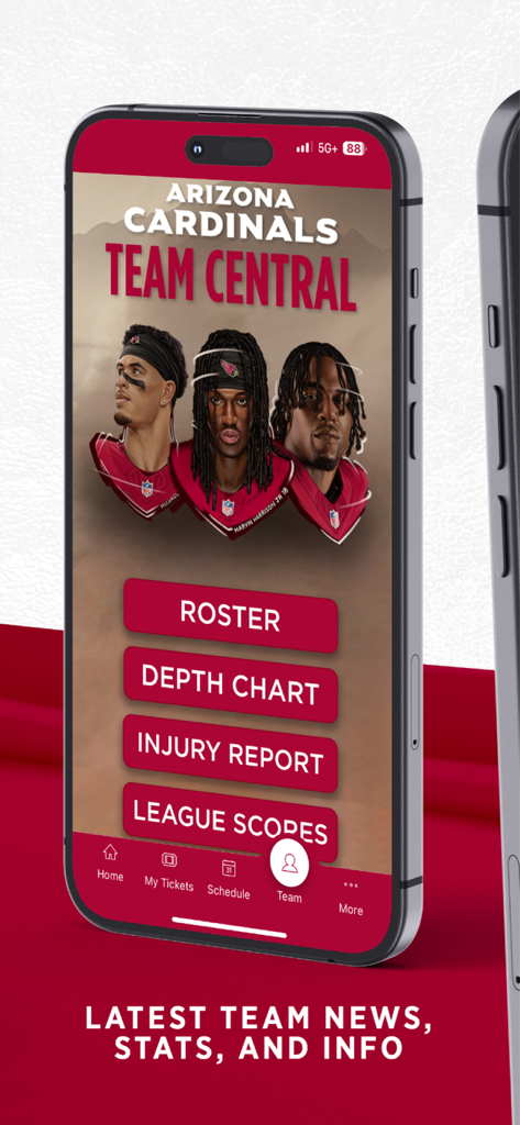 Arizona Cardinals Mobile - Arizona Cardinals mobile app Team Central interface with links to roster and injury reports