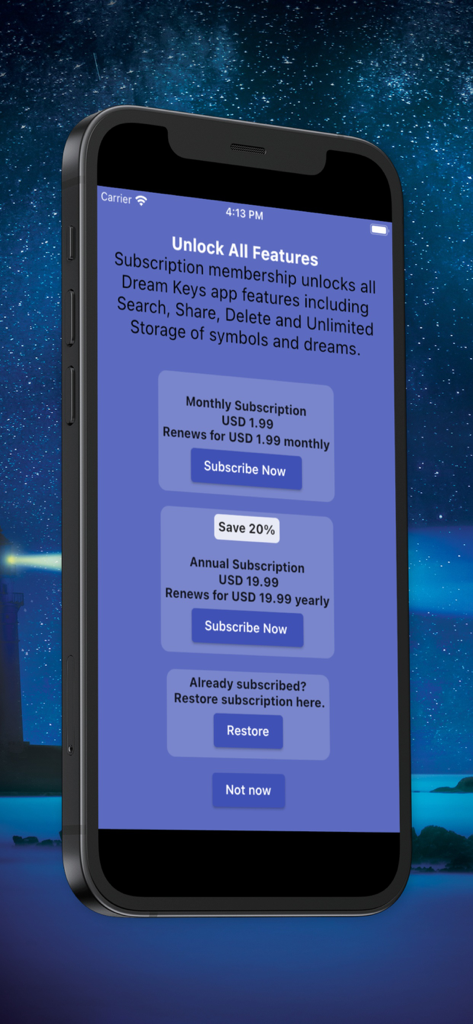 Dream Keys - Pantalla de suscripción de la aplicación Dream Keys que muestra opciones de membresía mensual y anual para desbloquear todas las funciones.