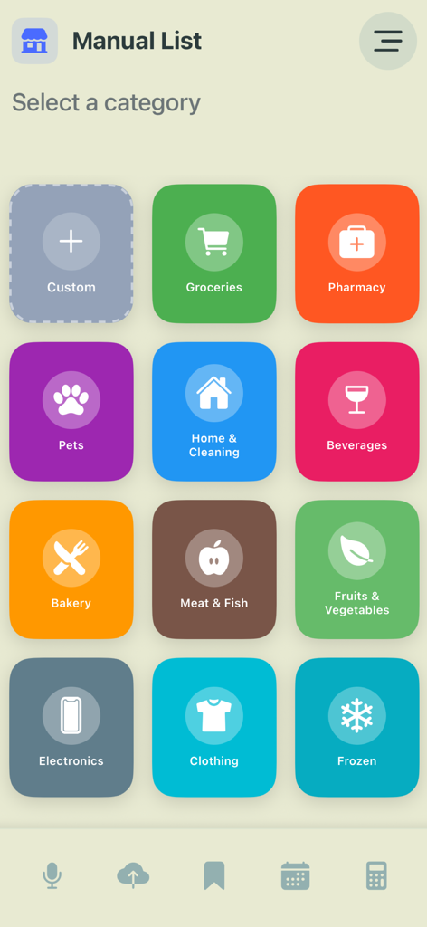 Manual list selection screen featuring colorful category icons like Groceries, Pharmacy, and Pets