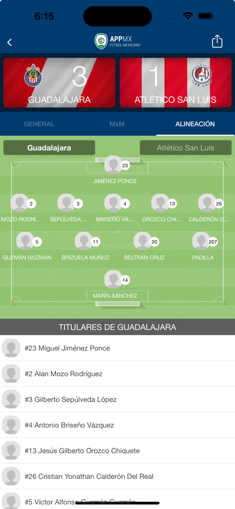 Pantalla móvil de AppMX mostrando la alineación titular del equipo de Guadalajara y el marcador del partido de fútbol de la Liga MX.
