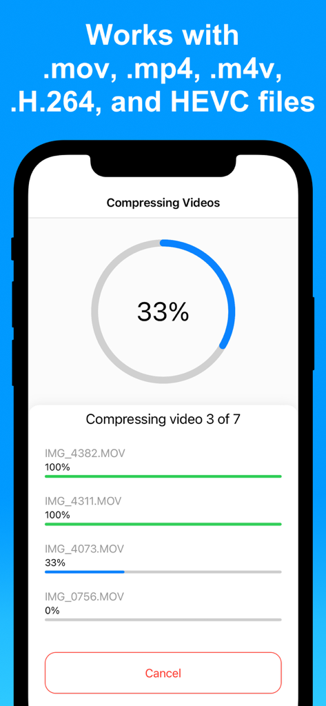 An iPhone screen displaying the progress of multiple videos being compressed simultaneously in the app.