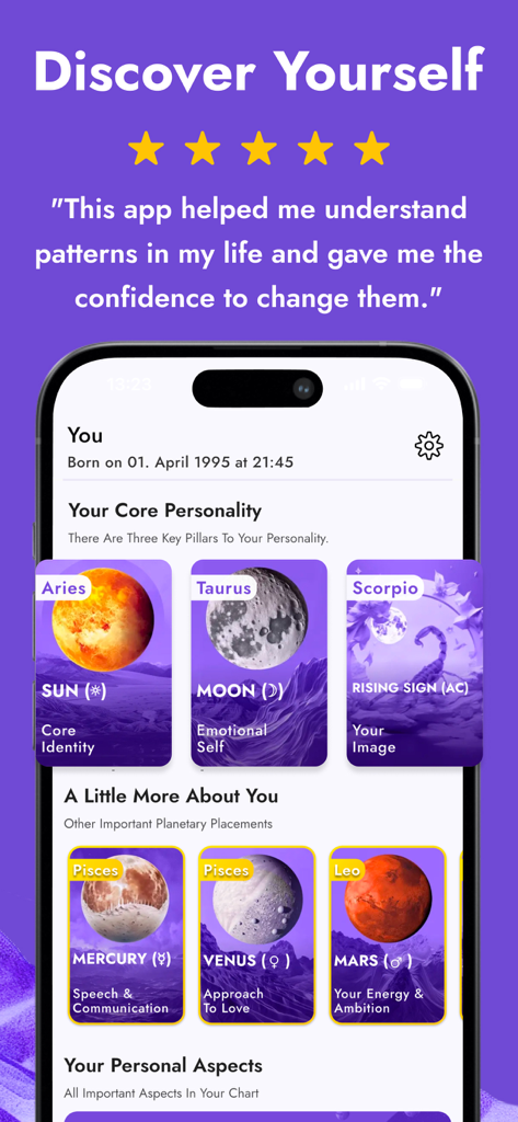 Interface de l'application d'astrologie AstroBella montrant les traits de personnalité principaux et les placements planétaires dans un thème natal.