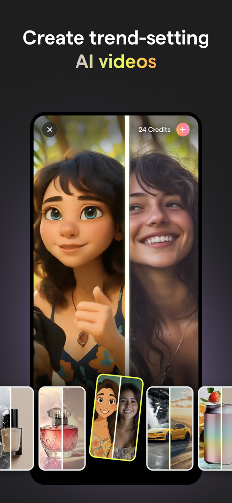 Mojo App-Oberfläche, die die KI-Videotransformation von einem echten Foto in eine animierte Figur zeigt.