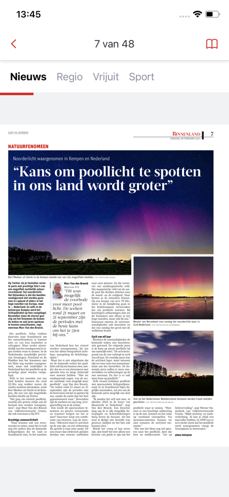 Gazet van Antwerpen - Digital news page in the Gazet van Antwerpen mobile app featuring an article about the northern lights