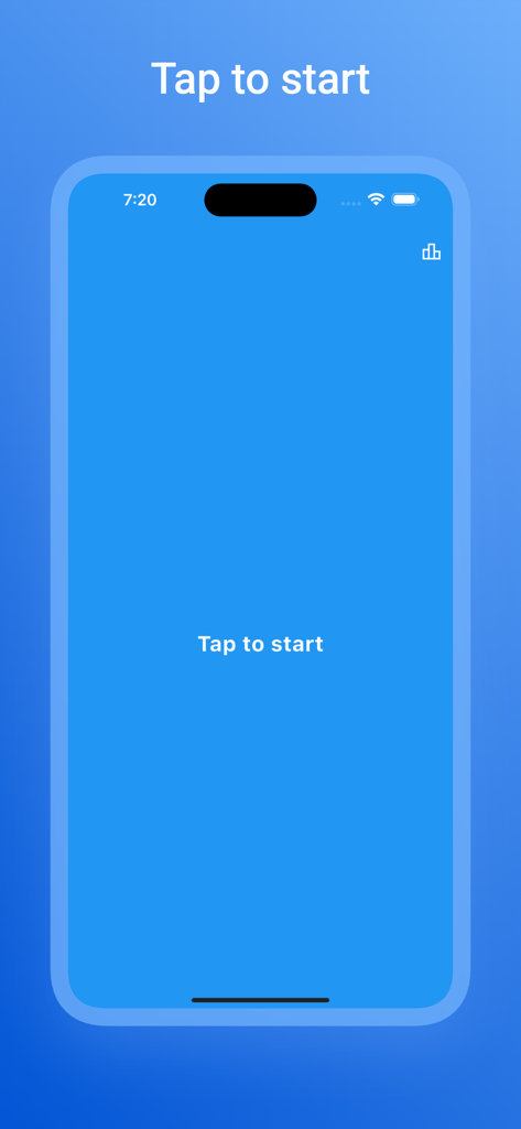「タップして開始」という指示が表示された、Reaction Rate アプリのミニマリストな青いスタート画面