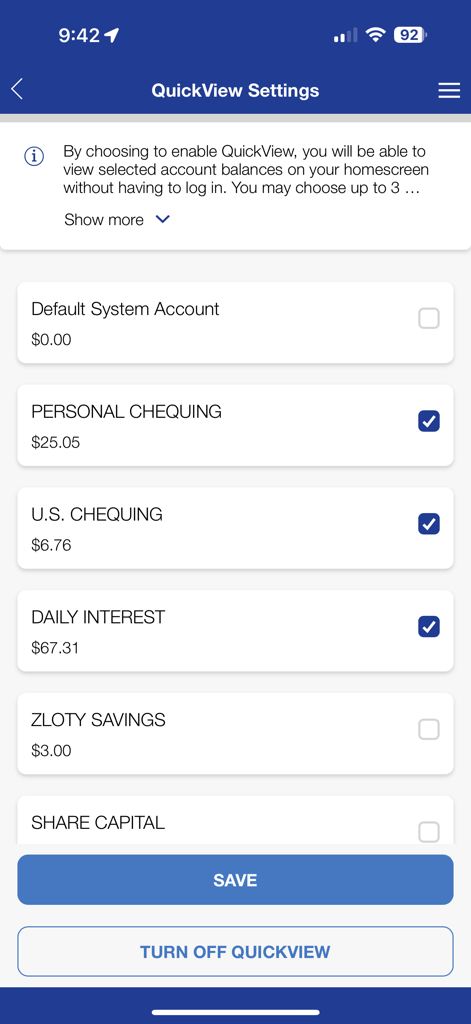 Polish Credit Union Mobile - QuickView settings page in the Polish Credit Union Mobile app for account balance display preferences